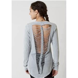 Affliction Hail Mary Long Sleeve Sz M Gray Beaded Cross Braid Cris-cross Bacl